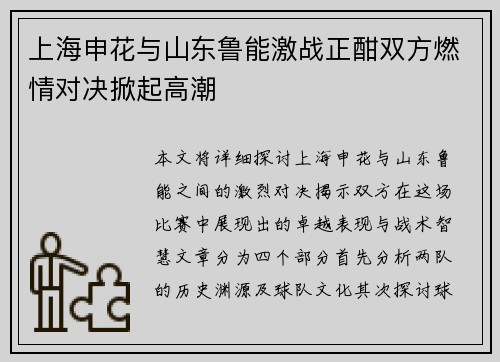 上海申花与山东鲁能激战正酣双方燃情对决掀起高潮