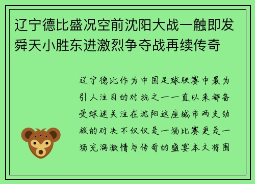 辽宁德比盛况空前沈阳大战一触即发舜天小胜东进激烈争夺战再续传奇