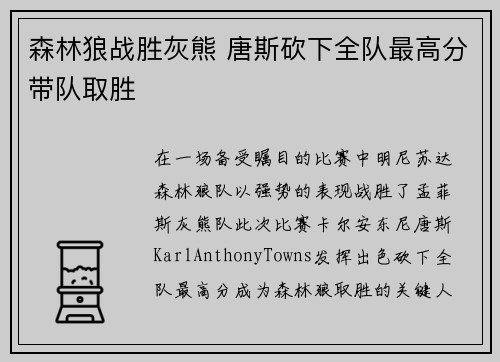 森林狼战胜灰熊 唐斯砍下全队最高分带队取胜