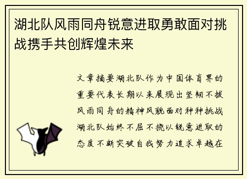 湖北队风雨同舟锐意进取勇敢面对挑战携手共创辉煌未来