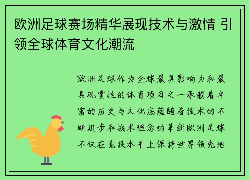 欧洲足球赛场精华展现技术与激情 引领全球体育文化潮流