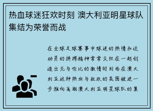 热血球迷狂欢时刻 澳大利亚明星球队集结为荣誉而战