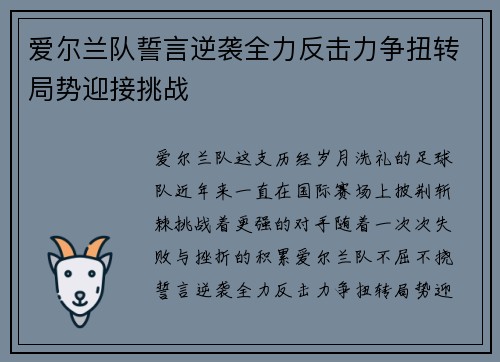 爱尔兰队誓言逆袭全力反击力争扭转局势迎接挑战