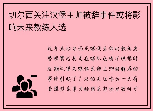 切尔西关注汉堡主帅被辞事件或将影响未来教练人选